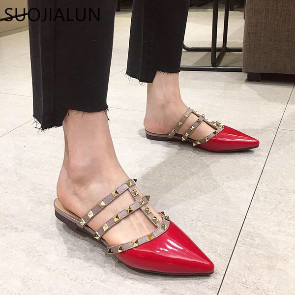 

suojialun women flat slippers slip on mules brand designers 2019 fashion luxury rivet t-strap slides slip on loafers mules cs10, Black