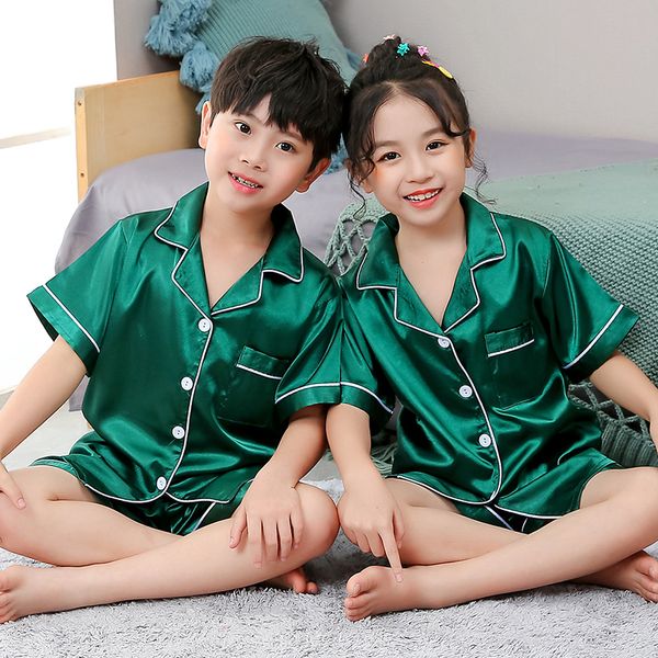 

girls pajamas set summer short sleeve children's sleepwear set fake silk pajamas boy pyjamas sets for kids children's day gift des, Blue;red