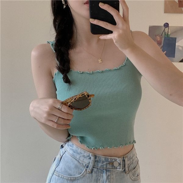 

2020 new slim sleeveless sling women's short square camisole vest collar wooden ear knitted base shirt vest, Camo