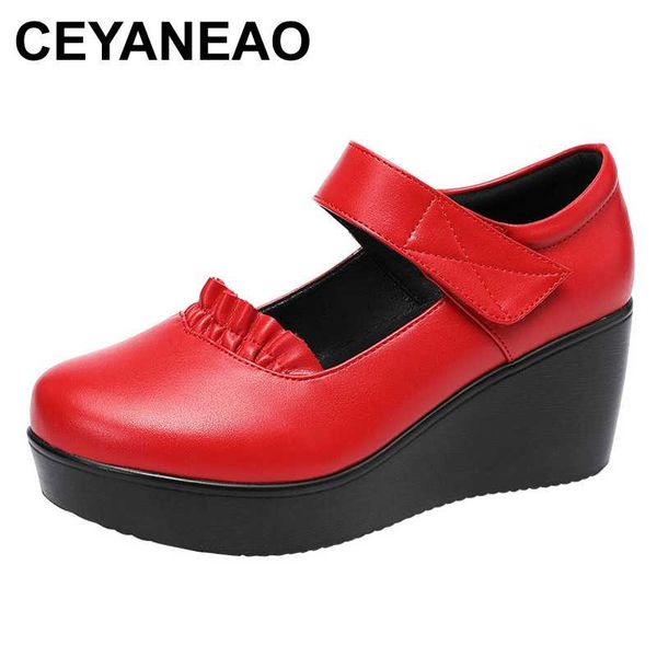 

ceyaneao 2020 spring leather shoes women platform wedges high heels round toes ankle strap black women pumps big size 33-43