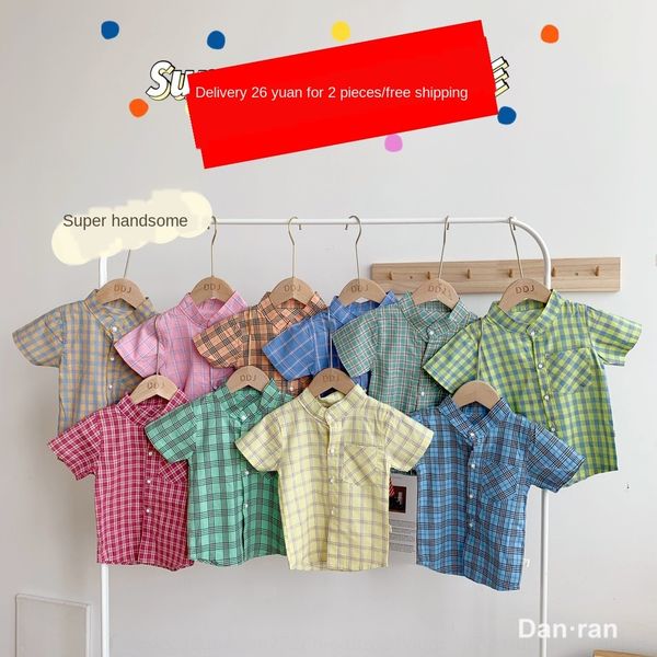 

summer korean style boys' children's plaid cotton breathable cartoon baby short sleeve shirt shirt 2 pieces, White;black