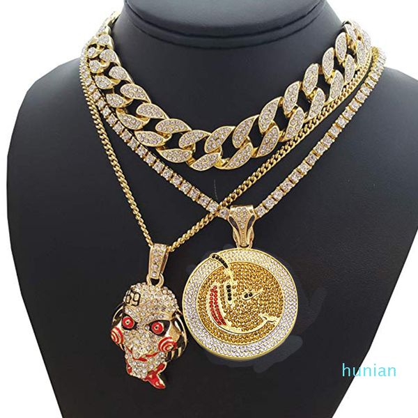 

luxury- hip hop horror mask & round pendant & 18" full iced cuban choker chain necklace jewelry gift y19051302, Silver