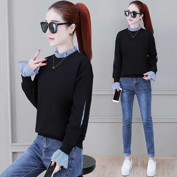 

kckag s482161 women's fashion casual sweater 2020 spring new loose and lace sleeve clip sweater sleeve clip comfortable lace collar lon, Black