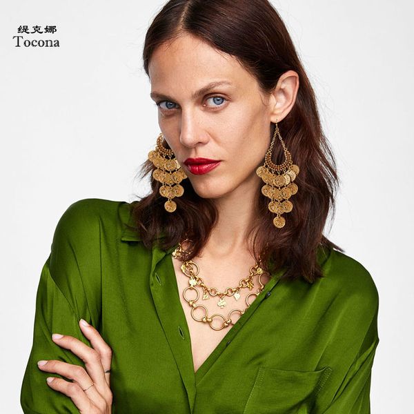 

vintage antique gold long tassel coin danlge drop earring for women punk geometric brincos jewelry accessories 6643, Golden