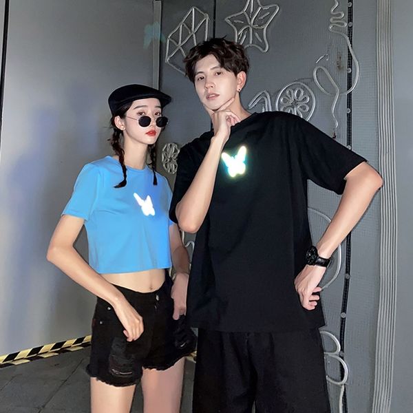 

6wwke + 301 # qlz новая мода пара хлопка печатных футболки мужские бабочки одежды футболки одежды и женской одежды класса бабочки печать, White