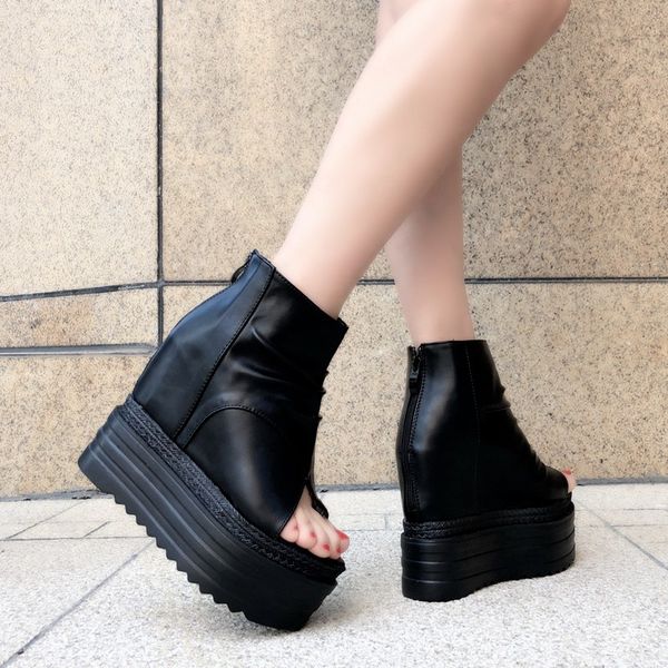 

european wedges with high-heeled sandals muffin thick-bottom fish mouth shoes new internal increase women shoes cool 13cm cs01, Black