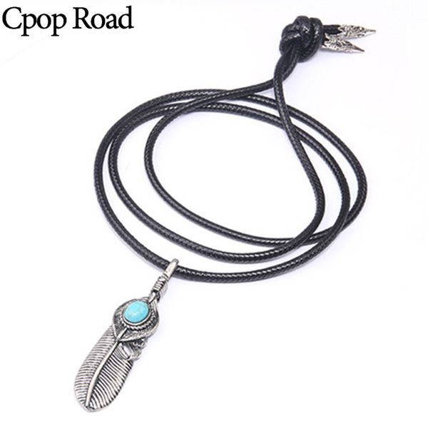 

cpop vintage boho leather rope necklace metal feather pendant necklace personality men jewelry accessories gift 2020, Silver