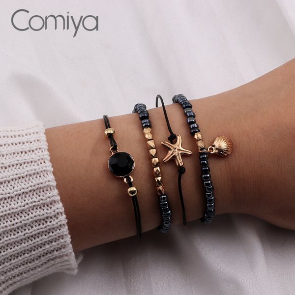 

comiya zinc alloy leather bracelets sets for women shell seastar charms korean bracelet links chain leaves beads feminina bijoux, Black