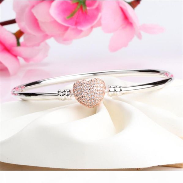 

luxury women silver bangle rose gold plated cz pave bracelet fit designer charms european beads bracelet jewelry, Black