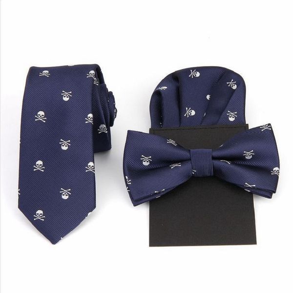 

polyester necktie bow tie set handkerchief for men skull 6cm ties hankie standard butterfly bowknot pocket square wedding cartoon accessory, Black;blue