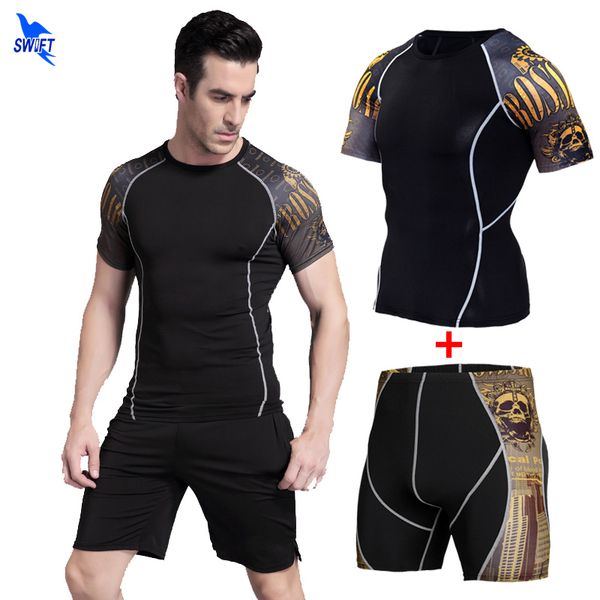 

running sets summer short sleeve mens compression sports suit quick dry gym fitness training kit rashguard sportswear jogging set, Black;blue