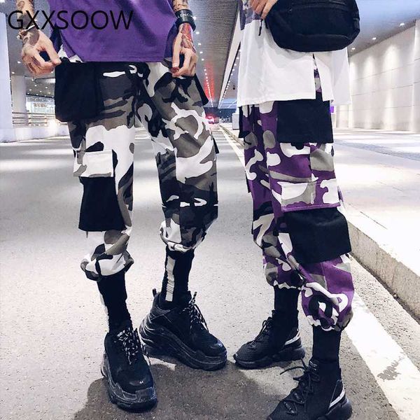 

camo joggers pants men side pockets cargo harem pants 2020 autumn hip hop male trousers street fashion streetwear gm178, Black