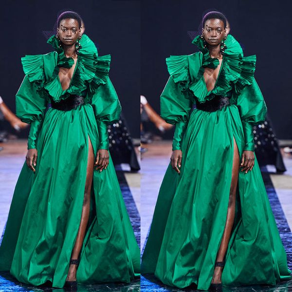 

2021 elie saab green prom dresses deep v neck tiered ruffles evening gowns side split red carpet runway fashion dress robes de mariÃ©e, Black