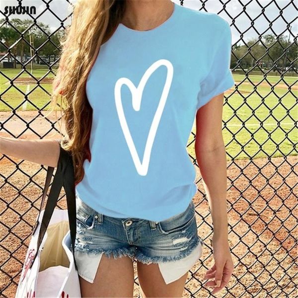 

women's short sleeve t-shirt heart print fashion casual o-neck new fashion female summer slim fit simple tees, Black;blue