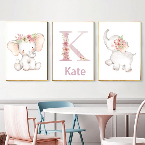 

custom poster nursery prints pink baby personalized girl's name wall art canvas painting pictures elephant animal wall art