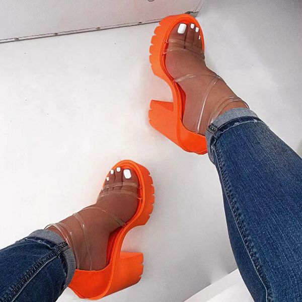 

heflashor women transparent sandals high heel slippers candy color open toes thick heel female slides summer shoes sandalias cs10, Black