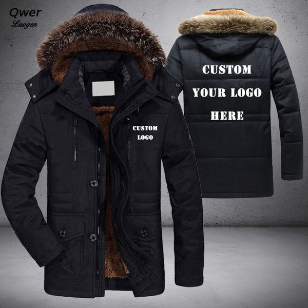 

men's down & parkas custom logo large size men coat plus velvet thicken zipper winter clothing warm detachable fur collar mens jacket, Black