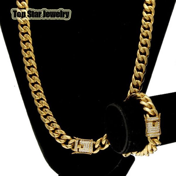 

stainless steel jewelry sets 18k gold plated casting dragon clasp w/diamond cuban link necklace & bracelet 2pcs men curb chains 10mm/14mm, Silver