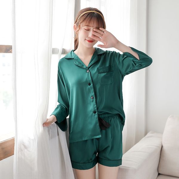 

summer 2020 new simple natural v-neck sleeping suit women's pajamas pajamas silk silk sleeping suit, Blue;red