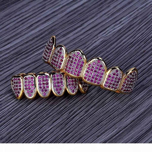 

new custom fit hip hop gold teeth grillz caps micro pave fuchsia cubic zirconia & bottom grills set for christmas gift, Black