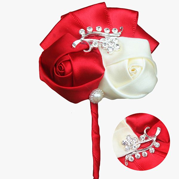 

factory sale red ivory groom boutonniere rose flower diamond wedding party man's suit pin brooch flower xh1317-2