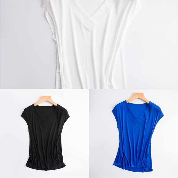 

ndrfu 2019 весной и летом сплошной цвет шелковицы пуловер v-образным вырезом с коротким рукавом база шелка женщин пуловер жилет футболка сво, White