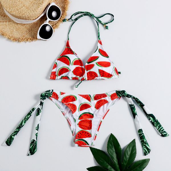 

sexy струнный бикини 2020 холтер арбуз печати swimdress купальники купальщицы купальники пляж thong купальники майо de bain femme, White;black