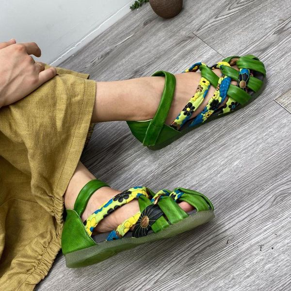 

yourseason women mixed colors casual sandals genuine leather sewing casual flat with ladies hook loop retro shoes, Black