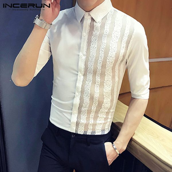 

incerun 2020 men dress shirt half sleeve lapel streetwear mesh striped patchwork camisas button fashion party nightclub shirts, White;black