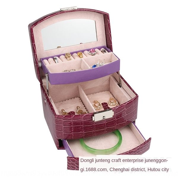 

crocodile pattern three-layer semi-automatic portable jewelry box korean pu leather jewelry box, White