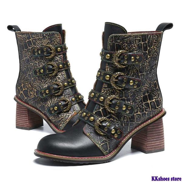 

retro boots metal buckle rivet genuine leather black handsome high heel zipper boots shoes women botines mujer 2020