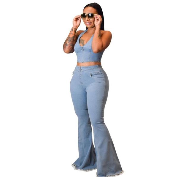

мода sexy женщин летний набор холтер crop tops + клеш брюки костюм женский 2 шт эпикировка streetwear женщины джинсовый двухкусочный наборы, White
