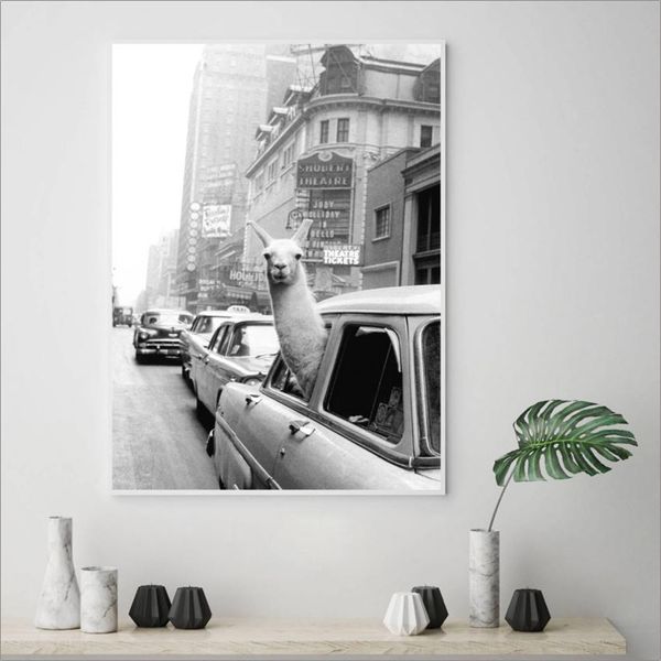 

nordic funny poster and prints llama in a new york city taxi wall art canvas painting animal wall pictures for living room modern home decor