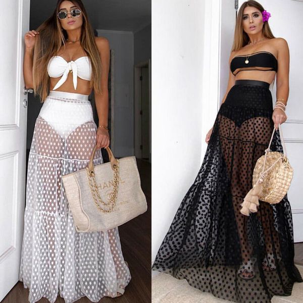 

2020 fashion women high waist black dot skirt summer transparent white long maxi summer skirt