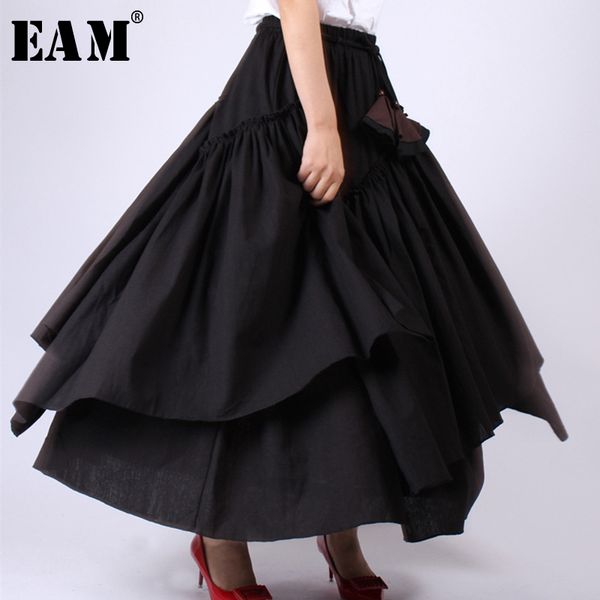 

eam] 2020 new spring summer high elastic waist black layer ruffles split joint half-body skirt women fashion tide jw780