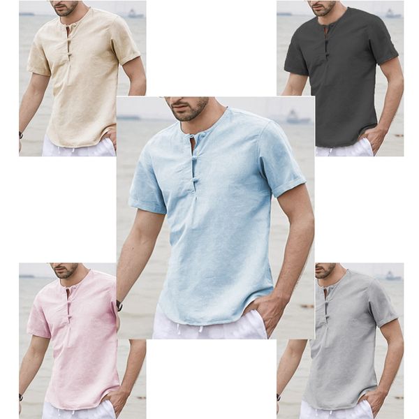 

men's casual shirts 2021 blouse cotton linen shirt loose short sleeve tee autumn summer handsome men, White;black