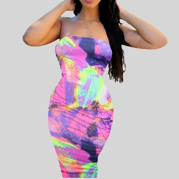 

women's multicolor tie-dye printed straplessr wrapped dress vestido de mujer verano skinny and steach dress for lady #3, Black;gray