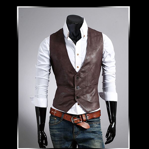 

men leather dress vest autumn spring style fashion chaleco hombre casual brown suit vest men slim pu, Black;white