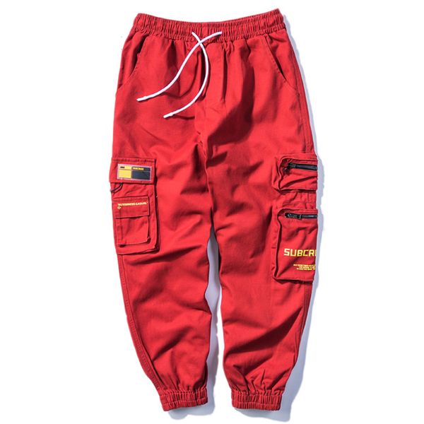 

men's pants hip hop multi pockets jogger pant men casual harajuku cargo trousers sweatpants red 2021 streetwear joggers, Black
