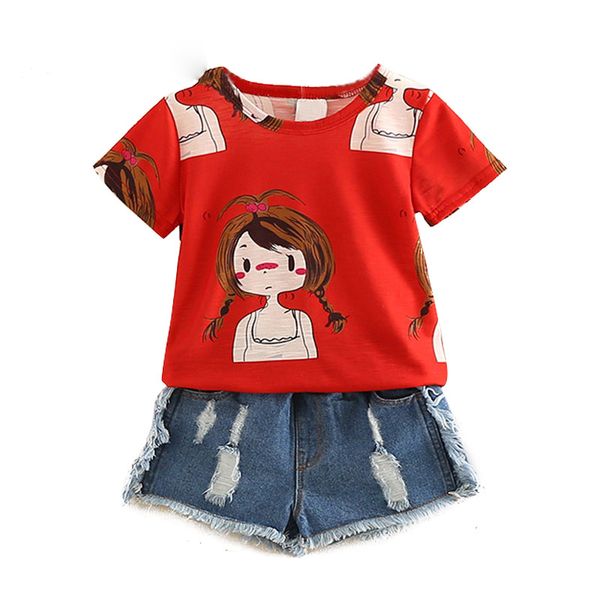 

fashion girls clothing set summer baby girls clothes red t shirt+denim shorts children clothes, White