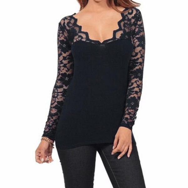 

women solid color v neck stitching lace see through long sleeve slim blouse shirts black lace female blouse, White