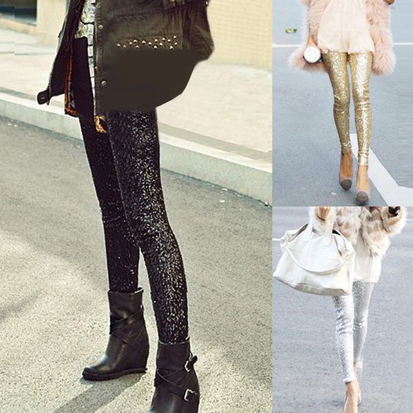 

leggings fashion womens solid sequins slim trousers stretch casual leggings pencil pants ropa mujer, Black