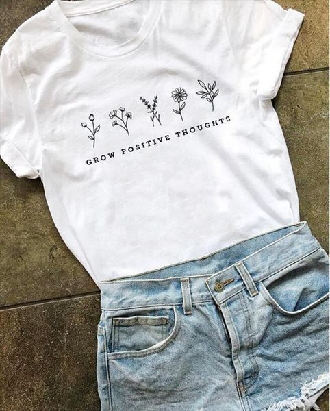 

grow positive thoughts funny women fashion grunge pure cotton girl street style quote t shirt hipster tees vintage graphic, White