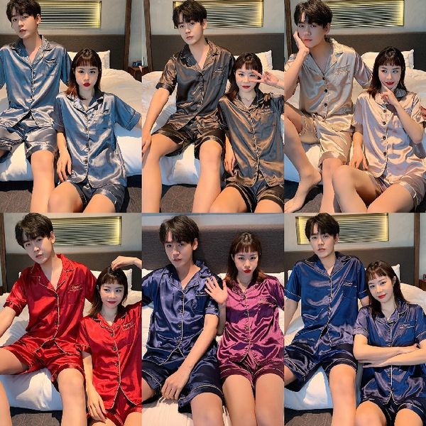 

l9l88 silk pajamas home clothes pajamasshorts pajamaswomen's ice silk couple pajamas men's short-sleeved shorts suit large size ko, Blue;red