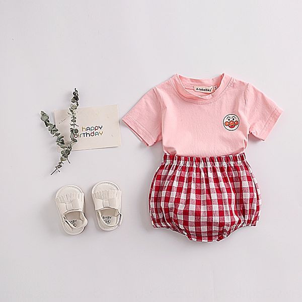 

fruit fruit 2020 cotton t-shirt suit pants set base shirt internet red fashion plaid pants suit outdoor summer clothes