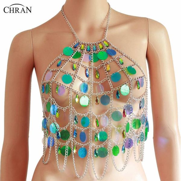 

chran mesh sequin bralette burning man festival jewelry teardrop beaded body chain dance wear t200508, Silver