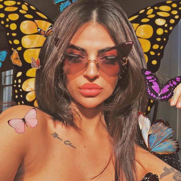 

2020 new fashion oversized cat eye butterfly sunglasses women design rimless gradient sun glasses for female uv400, White;black