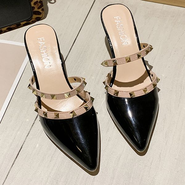 

women slippers woman rivet solid slides 2020 new high heels women's casual ladies summer footwear female pointed toe shoes, Black