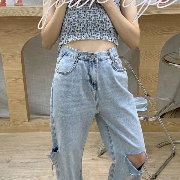 

large size women's ripped jeans women's straight tube jeans wide leg fat mm loose summer beggar pants mop wide leg pants, Blue