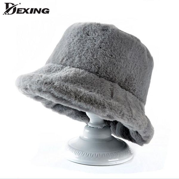 

winter flat cap artificial fur bucket hats for women men casual solid ladies thick warm winter hat walking hat plush bob, Blue;gray